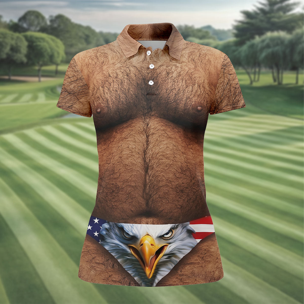 Hairy Body Funny Eagle American Flag Women Golf Shirt, 250th Anniversary 4th Of July Ladies Golf Shirt
