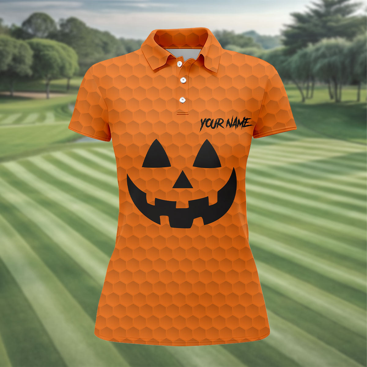 Halloween Pumpkin Face Custom Name Fun Women's Golf Shirts, Ladies Golf Tops, Golf Gifts For Women