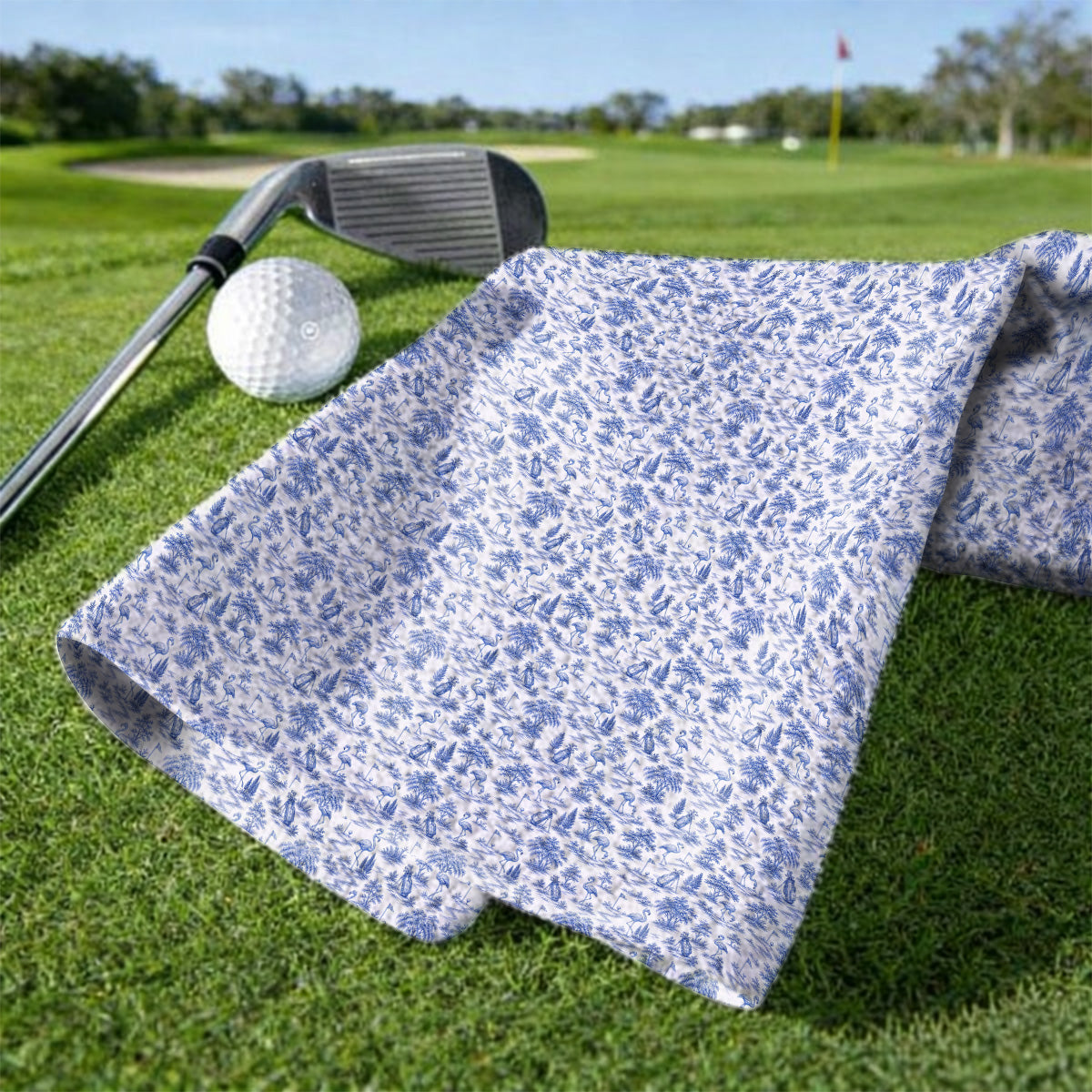 Toile De Jouy Flamingo Golf Towel, Crazy Pink Golf Towels, Golf Gift For Golfer