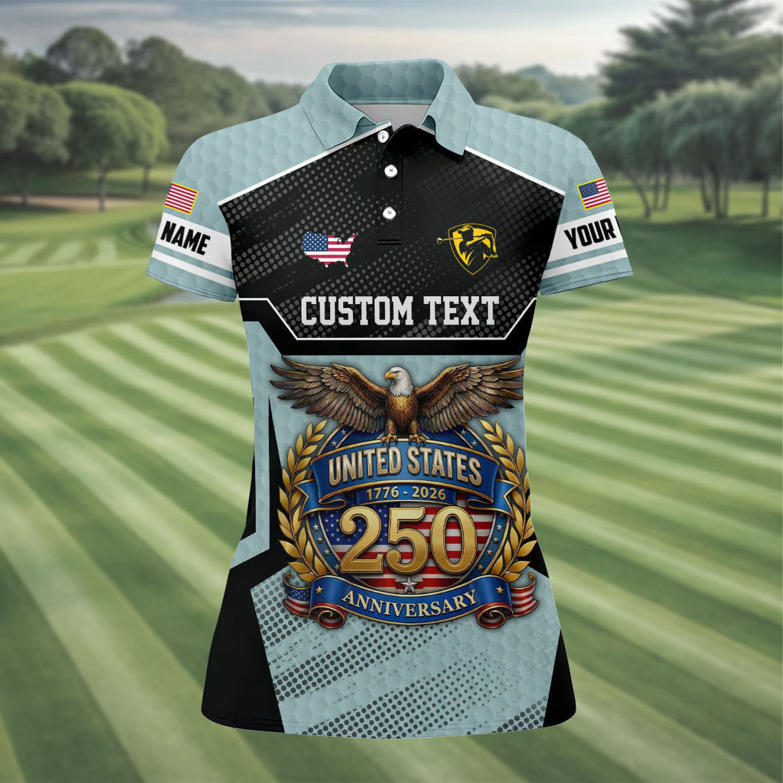US 250 Anniversary Patriotic 4th Of July Blue Grey Golf Shirt, Ladies Golf Shirts, Golf Shirt For Women