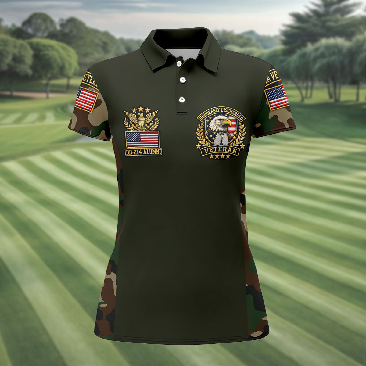 DD-214 Eagle Badge Olive Camo Polo Shirt, Women Golf Tops, Veterans Day Golf Shirt