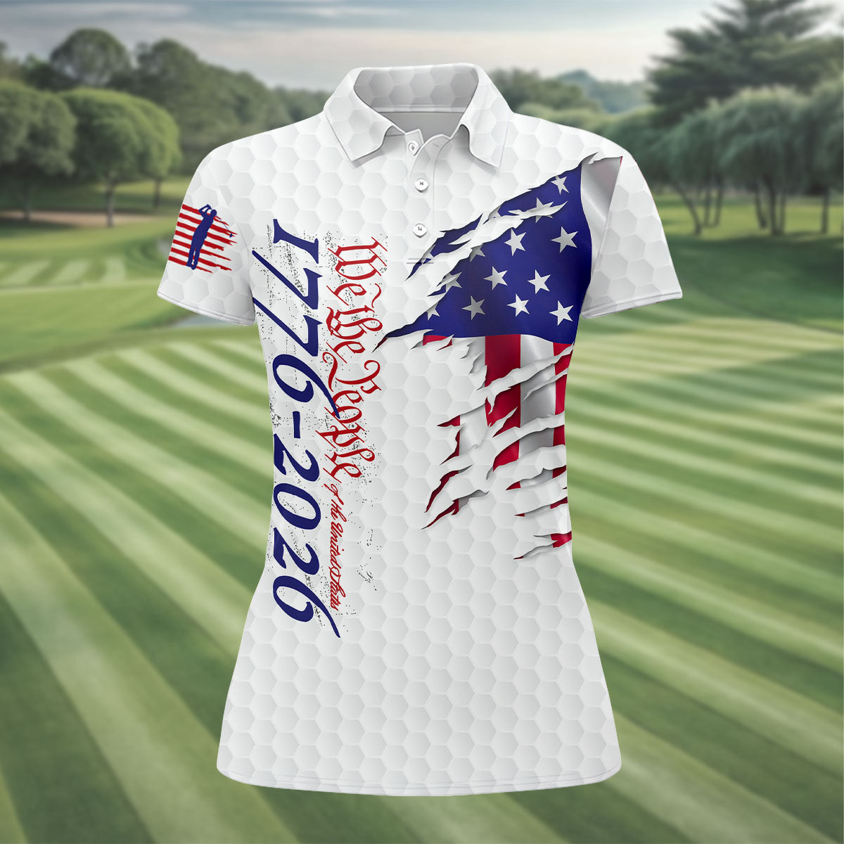 We The People 250 Anniversary 1776-2026 Distressed Flag Golf Shirt For Women, Patriotic 4th Of July Golf Shirt