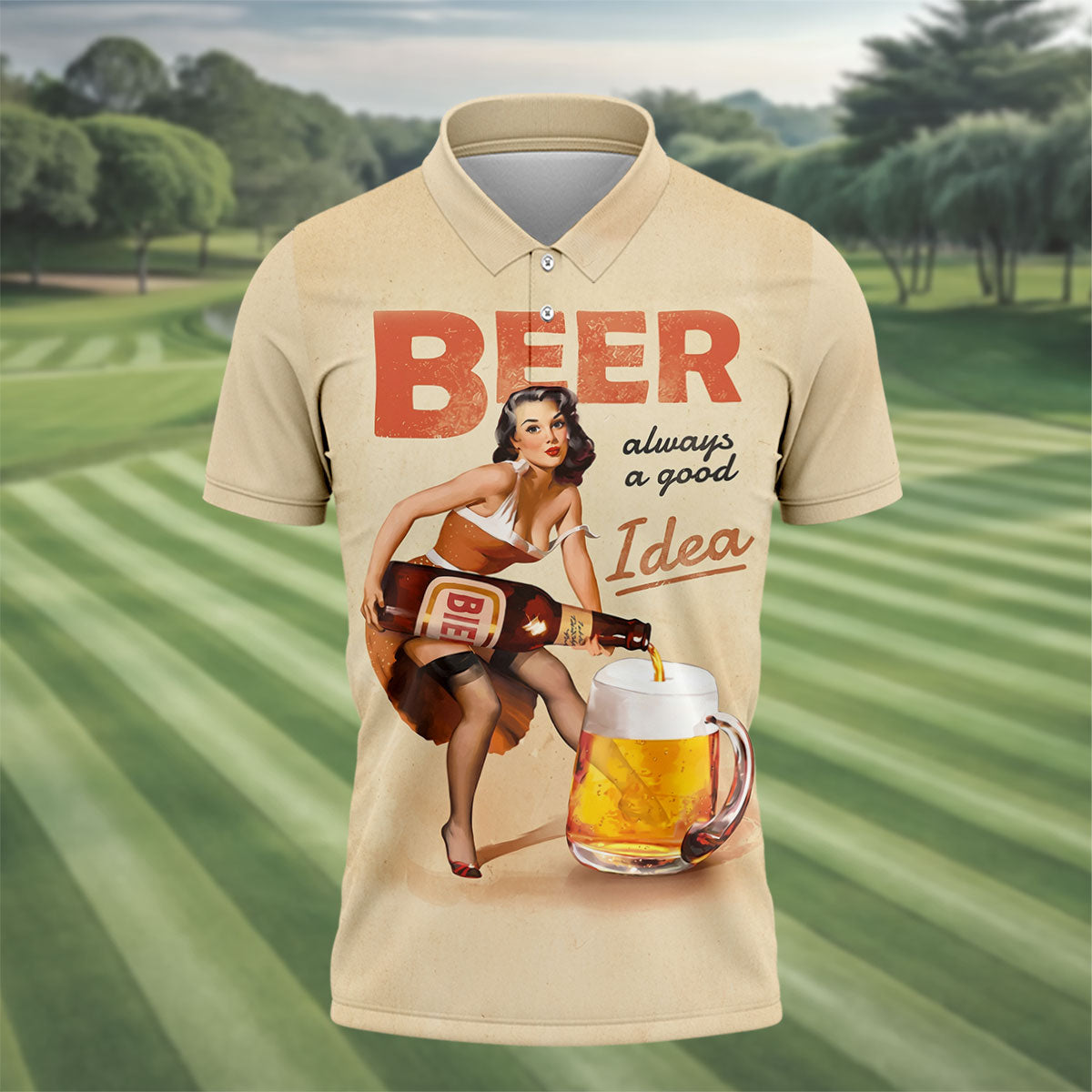 Vintage Beer Pin-Up Girl Design Hawaiian Golf Shirt, Golf Shirts For Men, Polo Shirts For Men