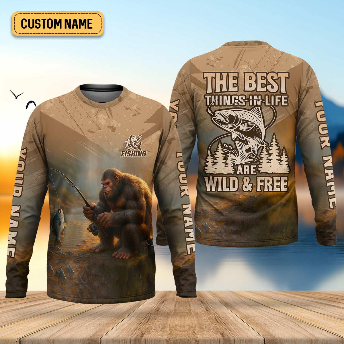 The Best Things In Life Are Wild And Free Custom Name Bigfoot Fishing SPF Shirt For Men, Gift For Fisherman