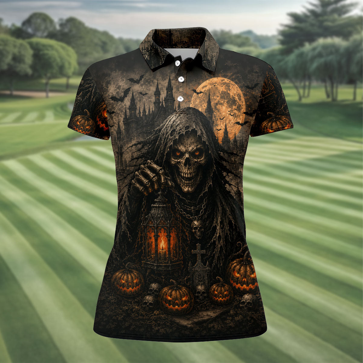 Grim Reaper Lantern Halloween Horror Character Polo Shirt, Women's Golf Tops, Womens Golf Tops