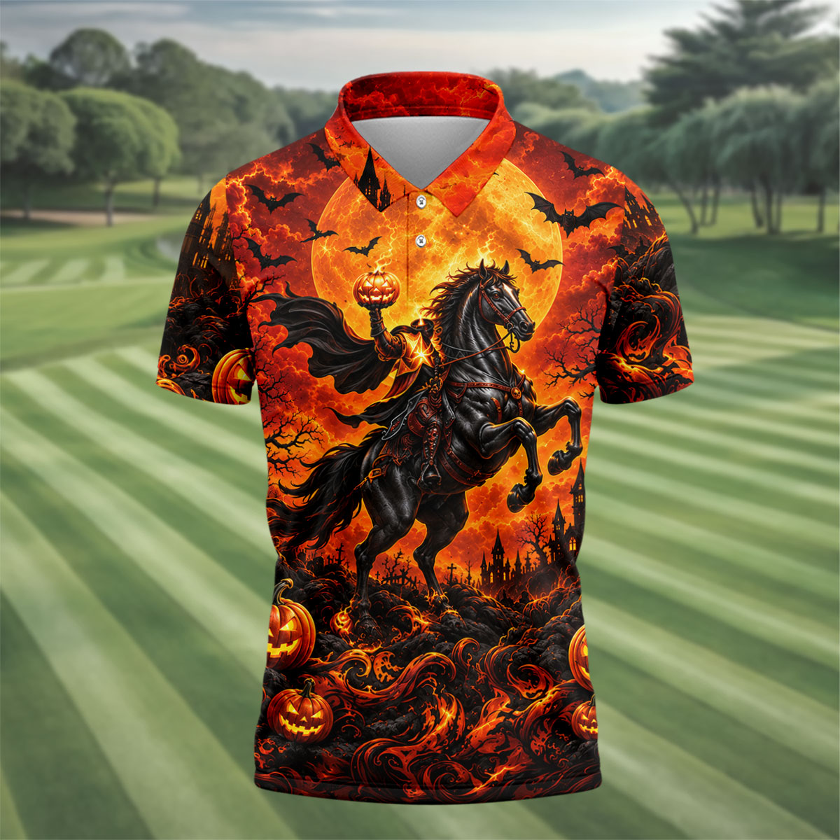 Fire Moon Rider Halloween Horror Character Polo Shirt, Golf Polo, Golf Shirts For Men