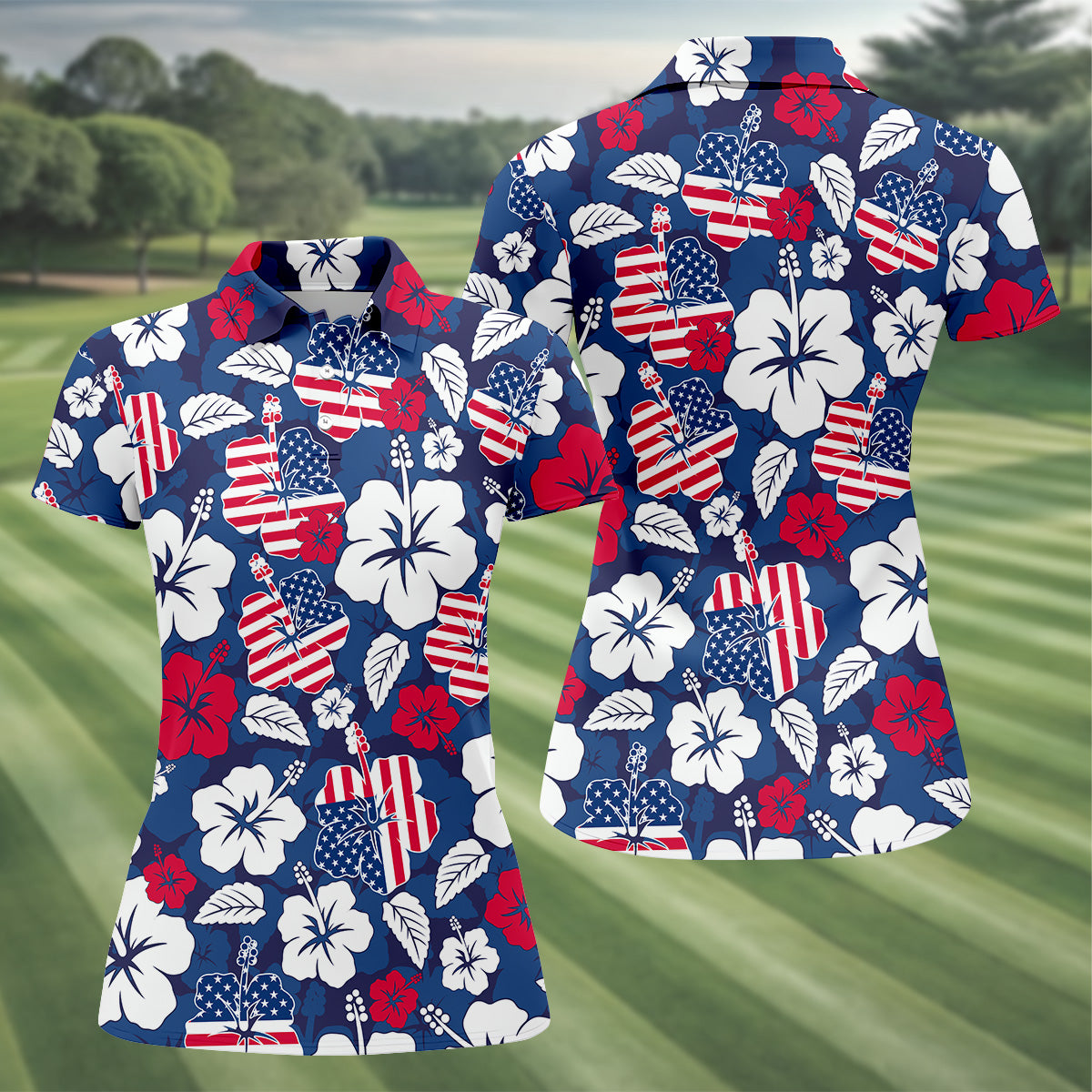 Tropical Hibiscus American Flag Womens Golf Polo Shirt4th Of July Shirts, US 250 Anniversary Ladies Golf Shirt