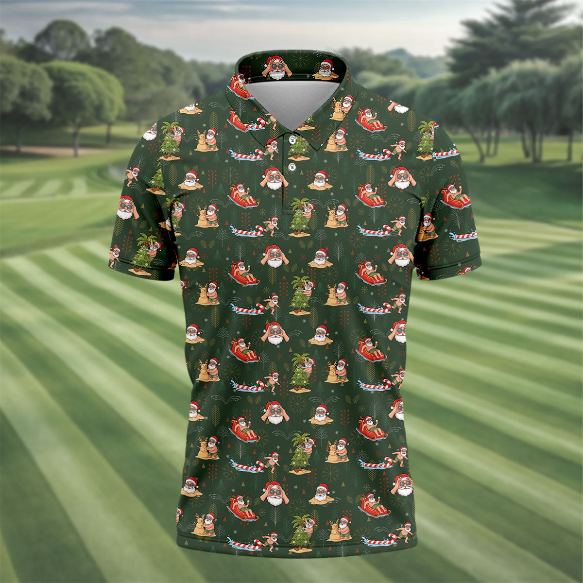 Funny Santa Summer Christmas Pattern Polo Shirt, Mens Golf Polo, Golf Shirts For Men