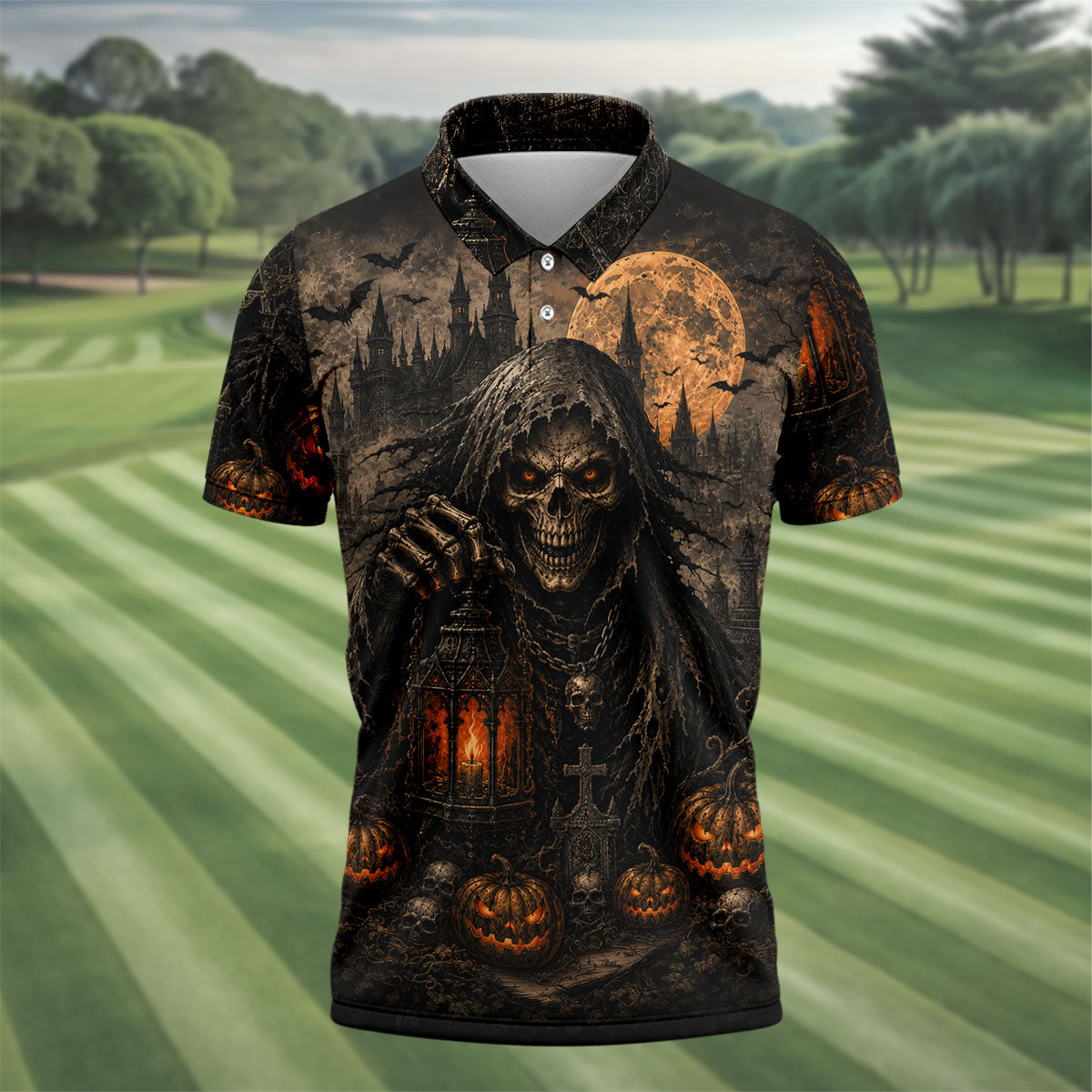 Grim Reaper Lantern Halloween Horror Character Polo Shirt, Mens Golf Polo, Mens Golf Apparel
