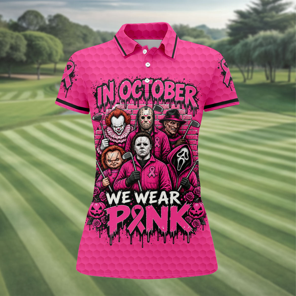 Horror Fights Together Pink Ribbon Polo Shirt, Golf Tops For Women, Women’s Golf Apparel