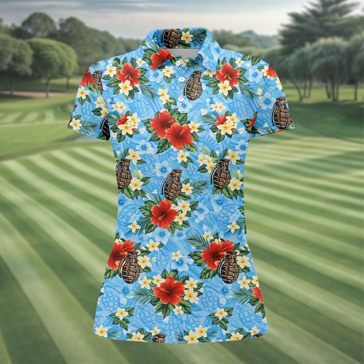 Floral Pattern Army Theme Hawaiian Blue Golf Shirt, Women's Golf Tops, Ladies Golf Shirts