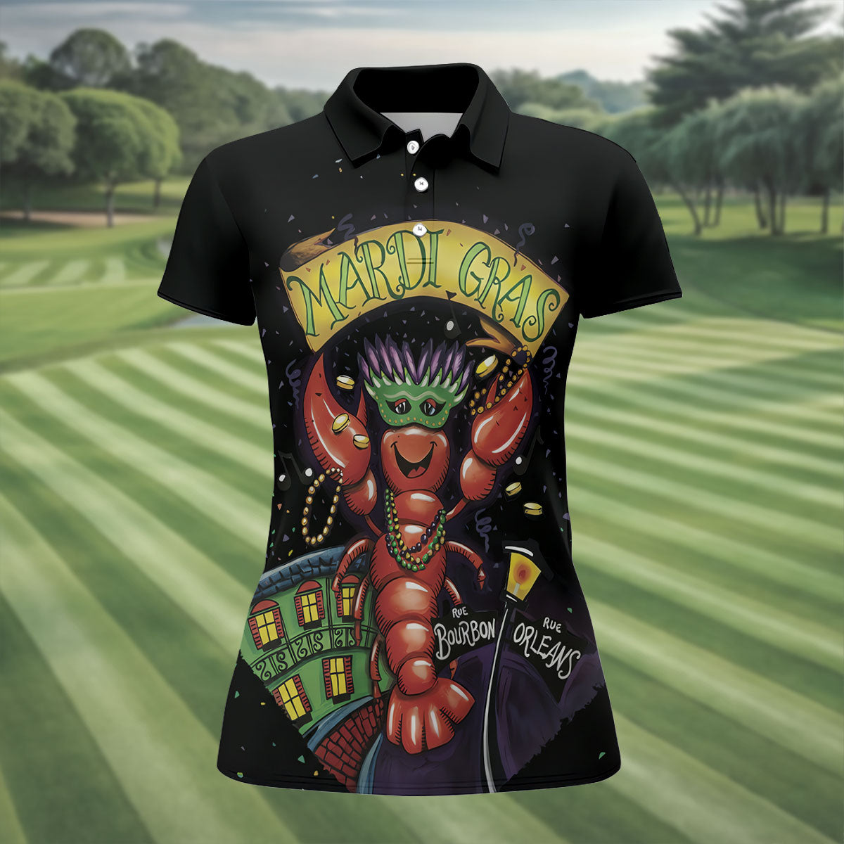 Mardi Gras Crawfish Rue Bourbon Black Golf Shirt, Women's Golf Tops, Ladies Golf Shirt