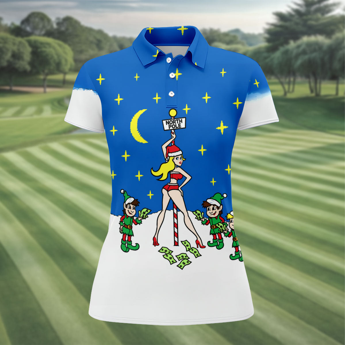 Funny North Pole Christmas Pin Up Polo Shirt, Women’s Golf Polo, Golf Tops For Women
