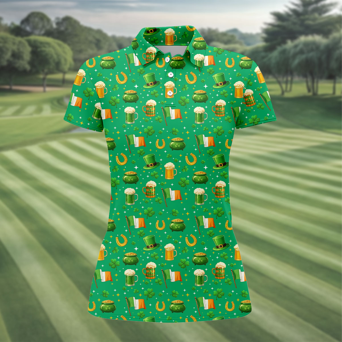 St Patrick's Day Pot Of Gold Leprechaun Hats Irish Flag Women's Golf Tops, Ladies Golf Shirts