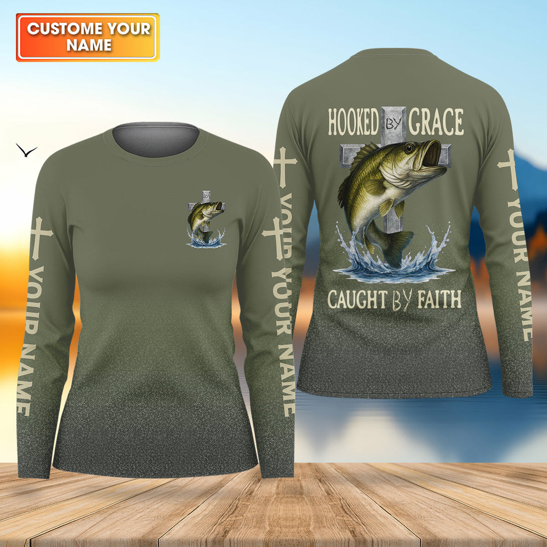 Hooked By Grace Caught By Faith Cross Christian Fishing UPF Shirts, Women Fishing Shirt