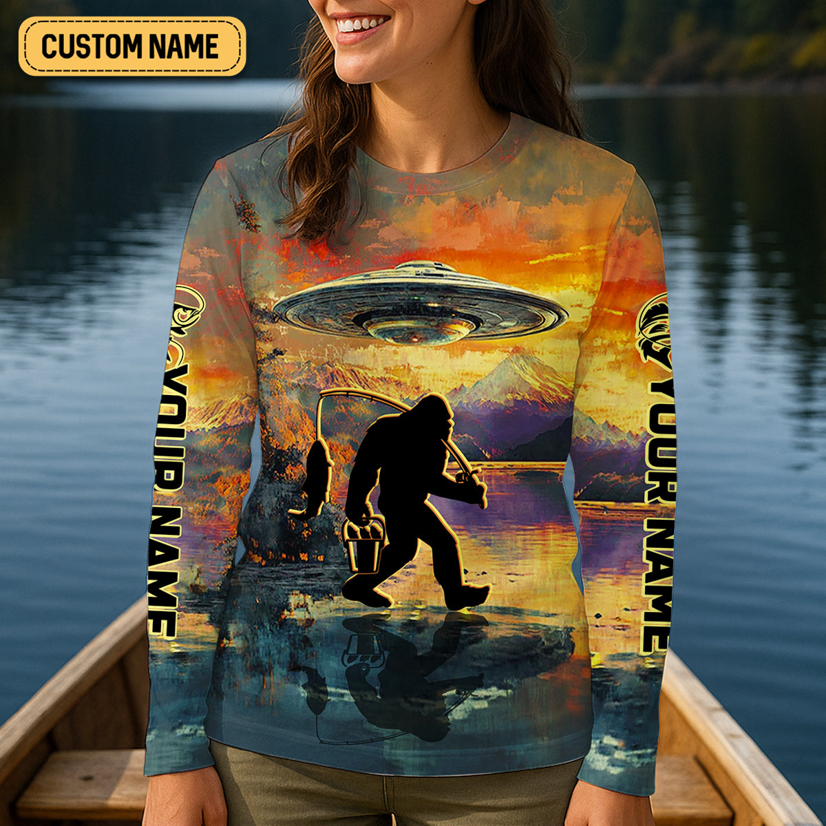 Gone Squatchin And Catchin UFO Bigfoot Fishing UPF Shirts, Fishing Shirt For Women, Female Fishing Shirts