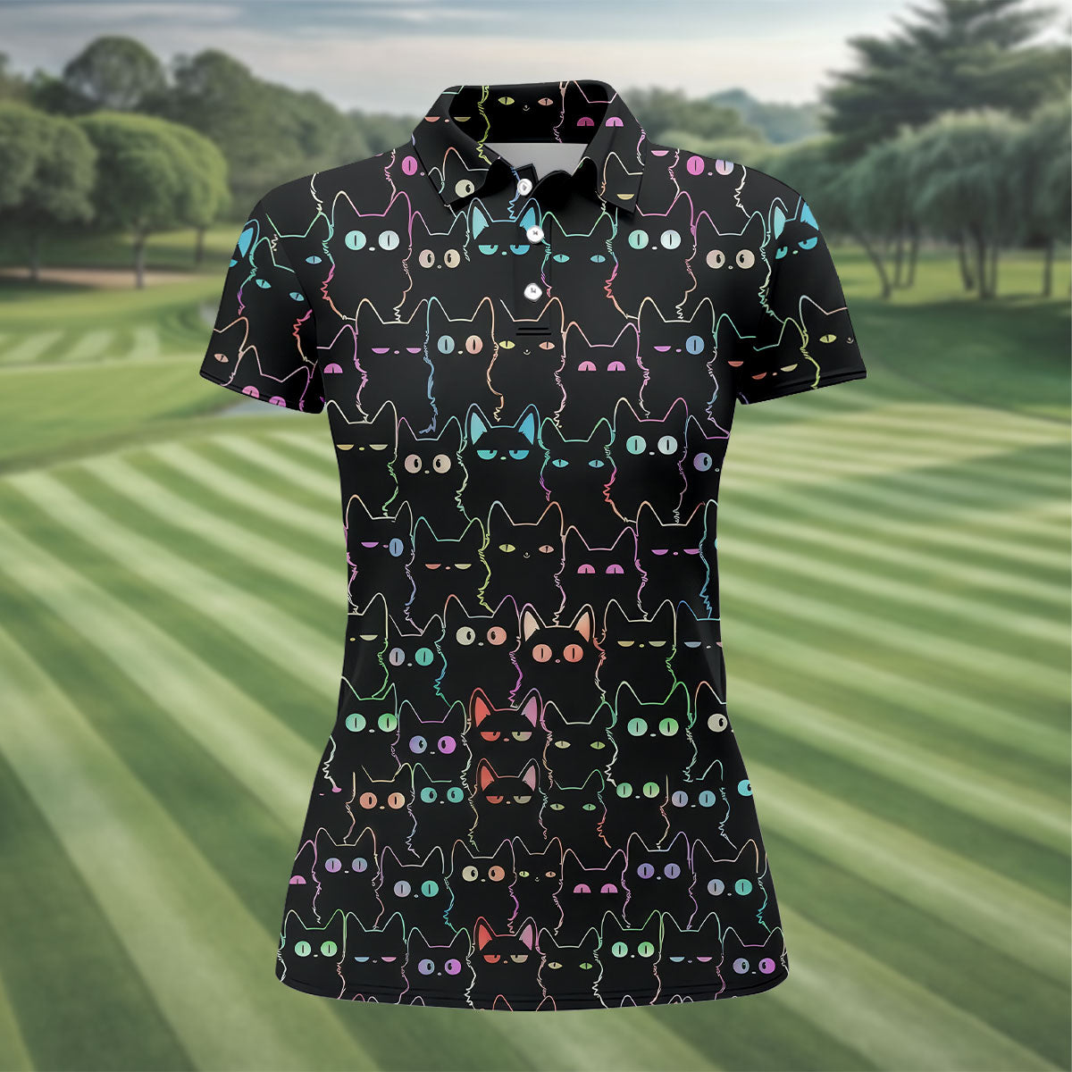 Neon Cat Funny Golf Shirt, Cute Golf Outfit, Women's Golf Tops, Ladies Golf Shirts, Women's Polo Shirt