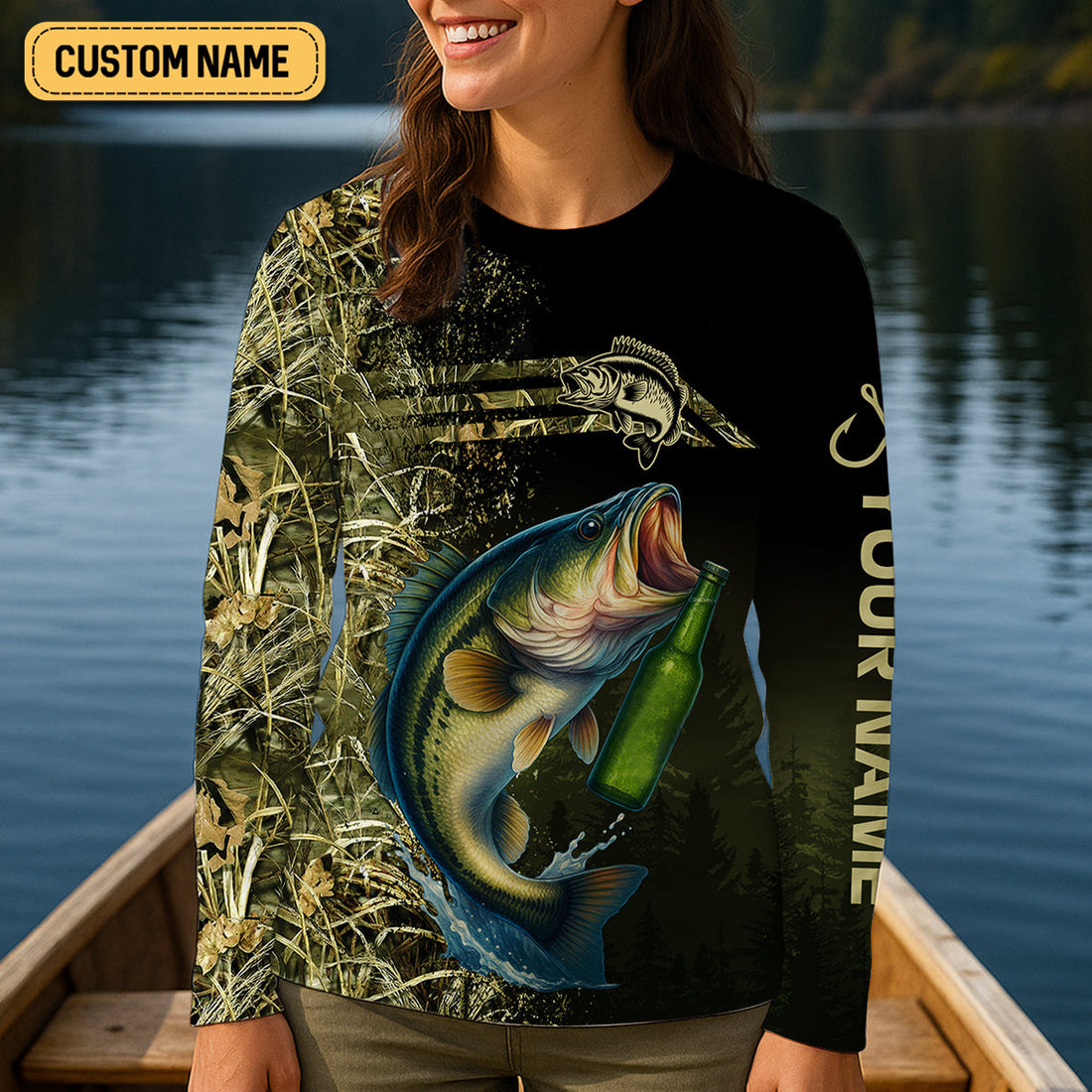 Bass Fishing And Beer That's Why I'm Here Camouflage Fishing Shirts, Funny Fishing Shirt, Women SPF Shirt
