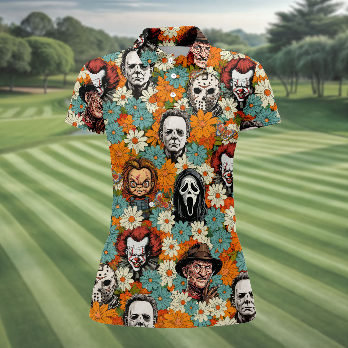 Floral Horror Character Halloween Golf Shirt, Women's Golf Apparel, Printed Golf Shirt