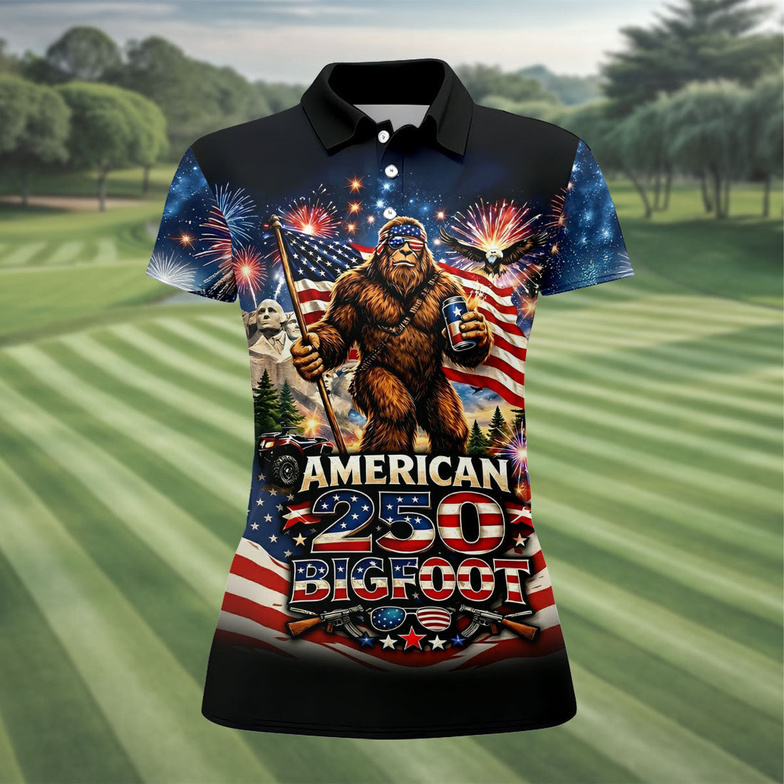 American 250 US Flag Pattern Bigfoot Golf Shirt, Patriotic 4th Of July Golf Shirt For Women