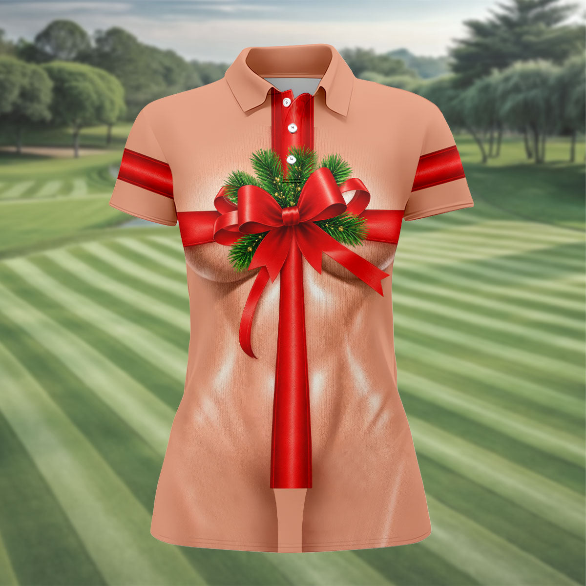 Christmas Red Bow Gift Golf Polo Shirt, Ladies Golf Shirts, Golf Shirts For Women