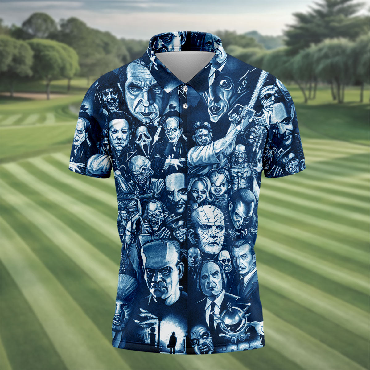 Horror Character Collage Halloween Polo Shirt, Printed Golf Shirts, Golf Apparel For Men