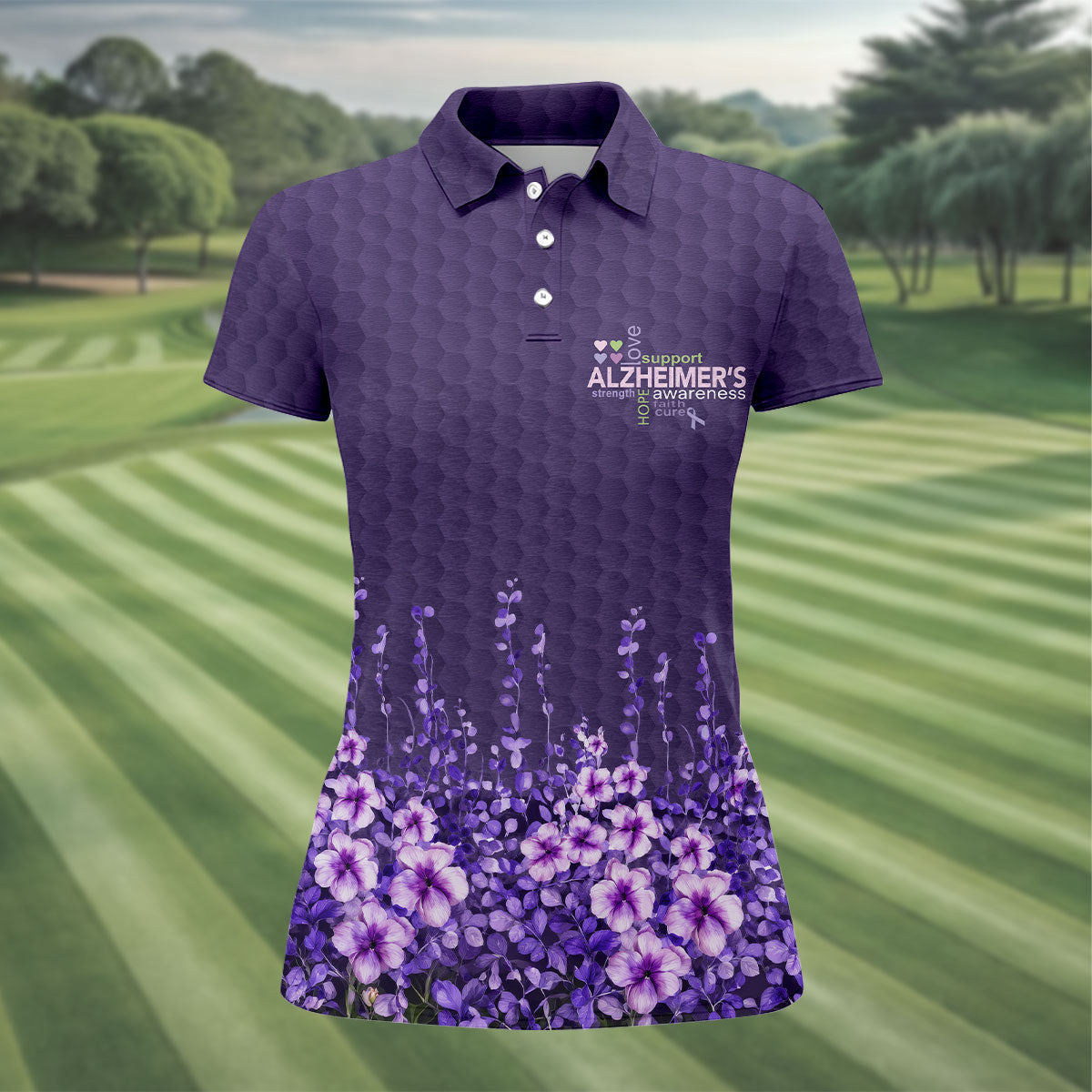 Purple Alzheimer's Awareness Floral Polo Shirt, Golf Shirts For Women, Women’s Golf Polo
