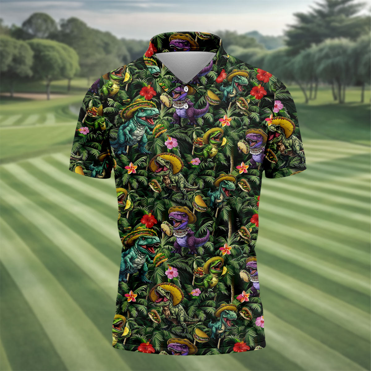 Hawaiian Dinosaur Sombreros Tacos Cinco De Mayo Celebration Fiesta Themed Golf Shirts For Men