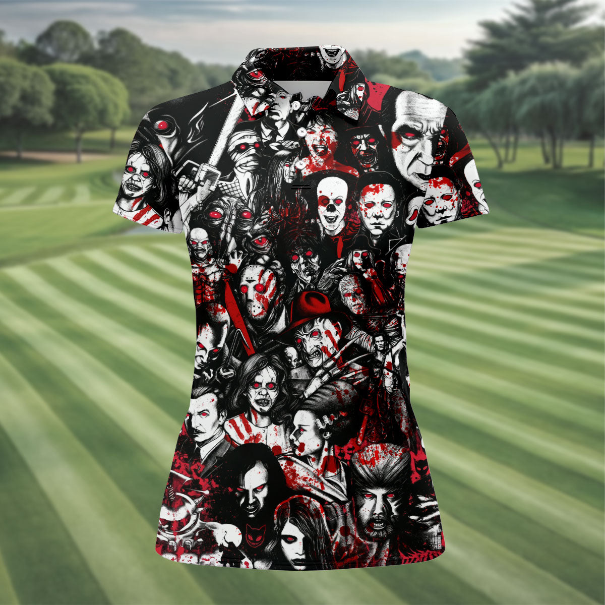 Horror Character Pattern Golf Polo Shirt, Women's Golf Apparel, Halloween Tops For Women