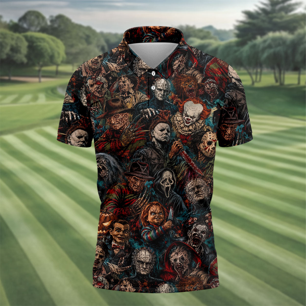 Dark Horror Character Collage Halloween Polo Shirt, Golf Apparel For Men, Mens Polo Shirts