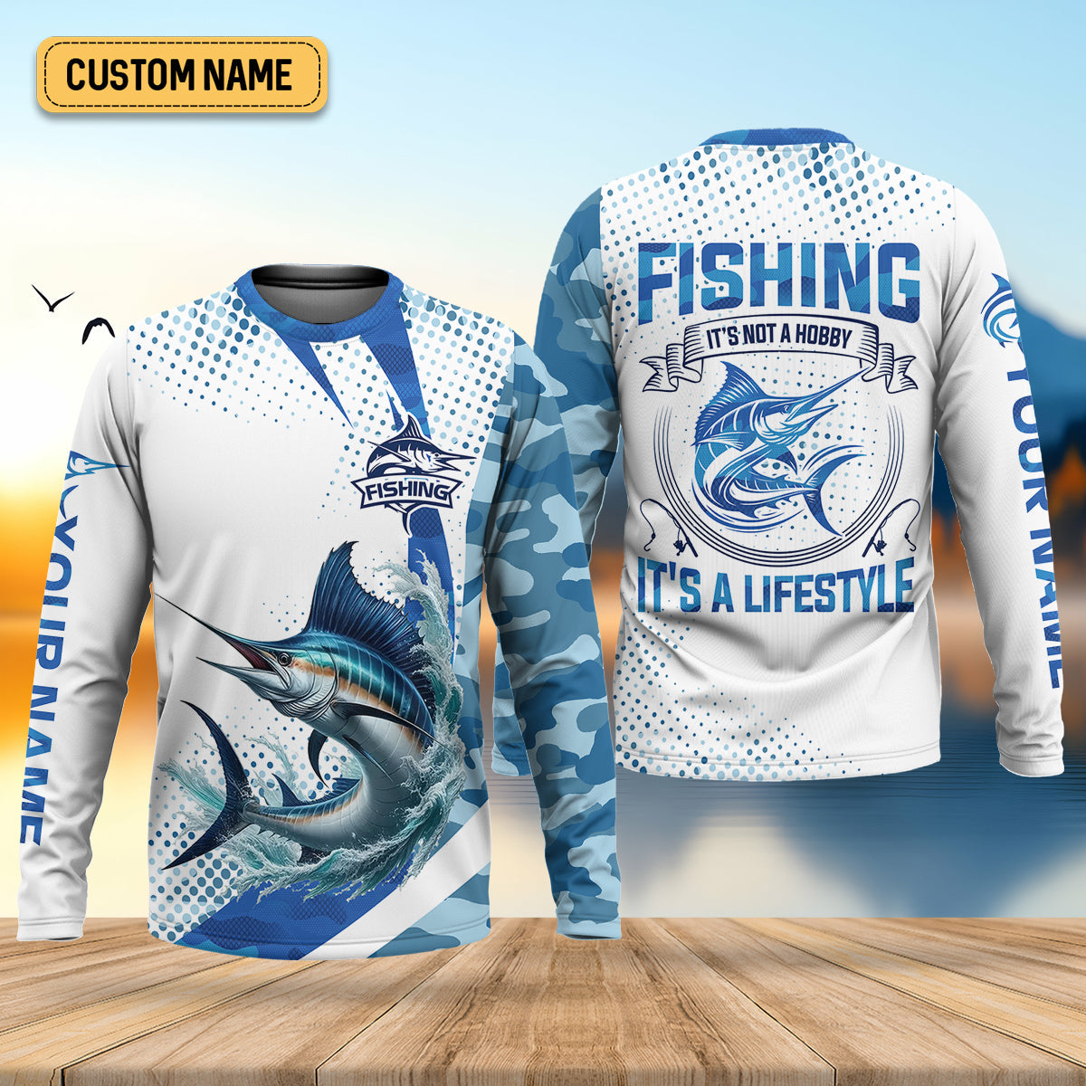 Fishing It's Not A Hobby It's A Lifestyle Blue Camo Fishing UPF Shirts, Blue Marlin Fishing Shirts For Men