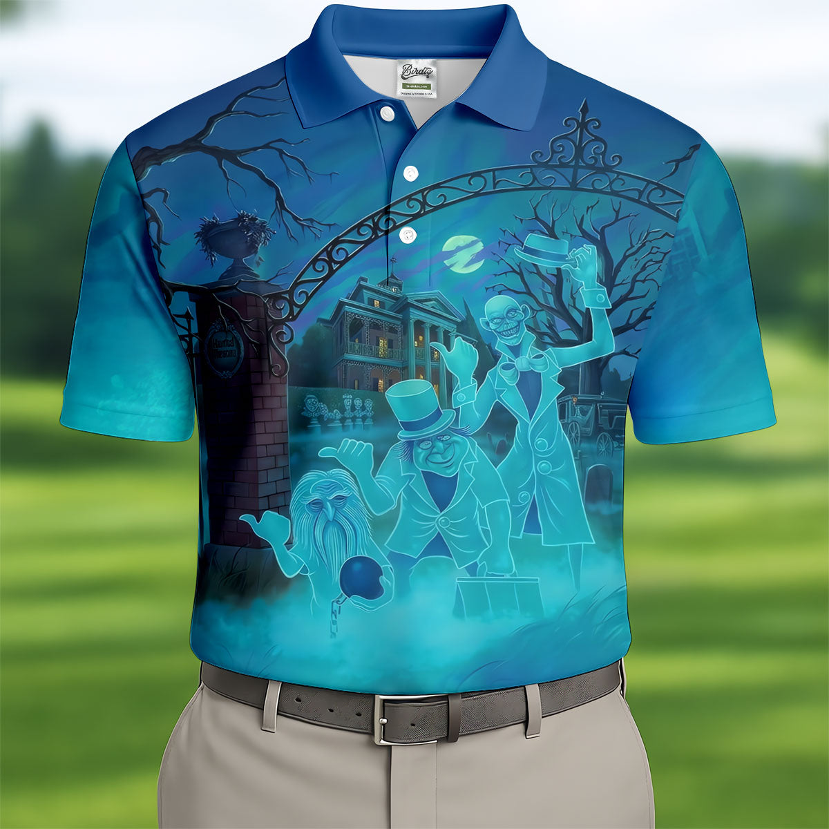 Ghost Trio At Haunted House Gate Halloween Polo Shirt, Mens Golf Shirts, Mens Polo Shirts
