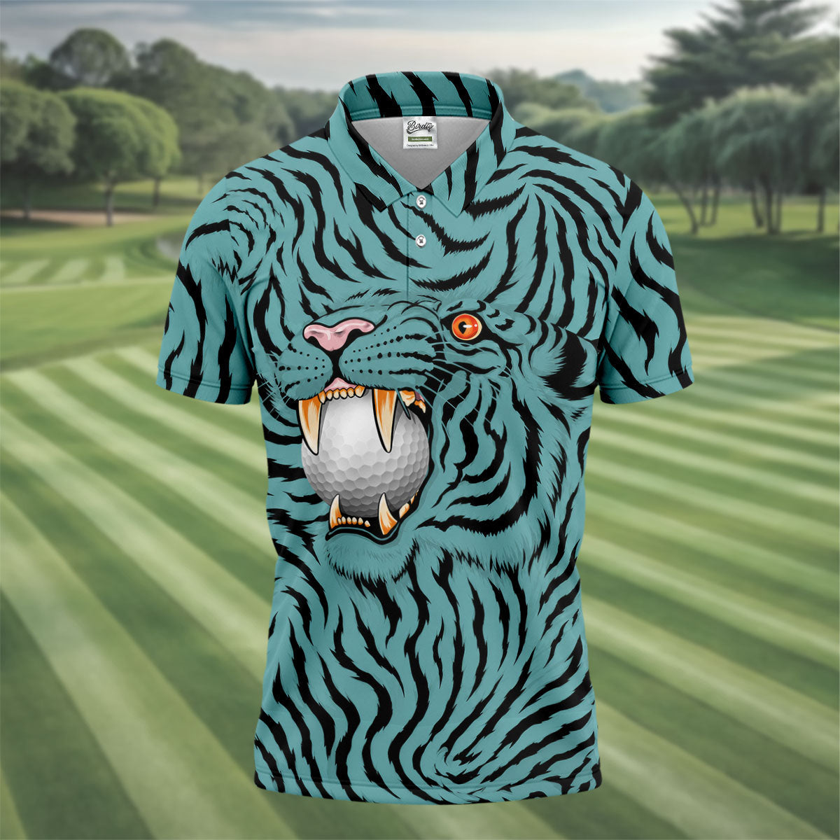 Funny Striped Tiger Biting Golf Ball Polo Shirt, Polo Shirts For Men, Mens Golf Apparel