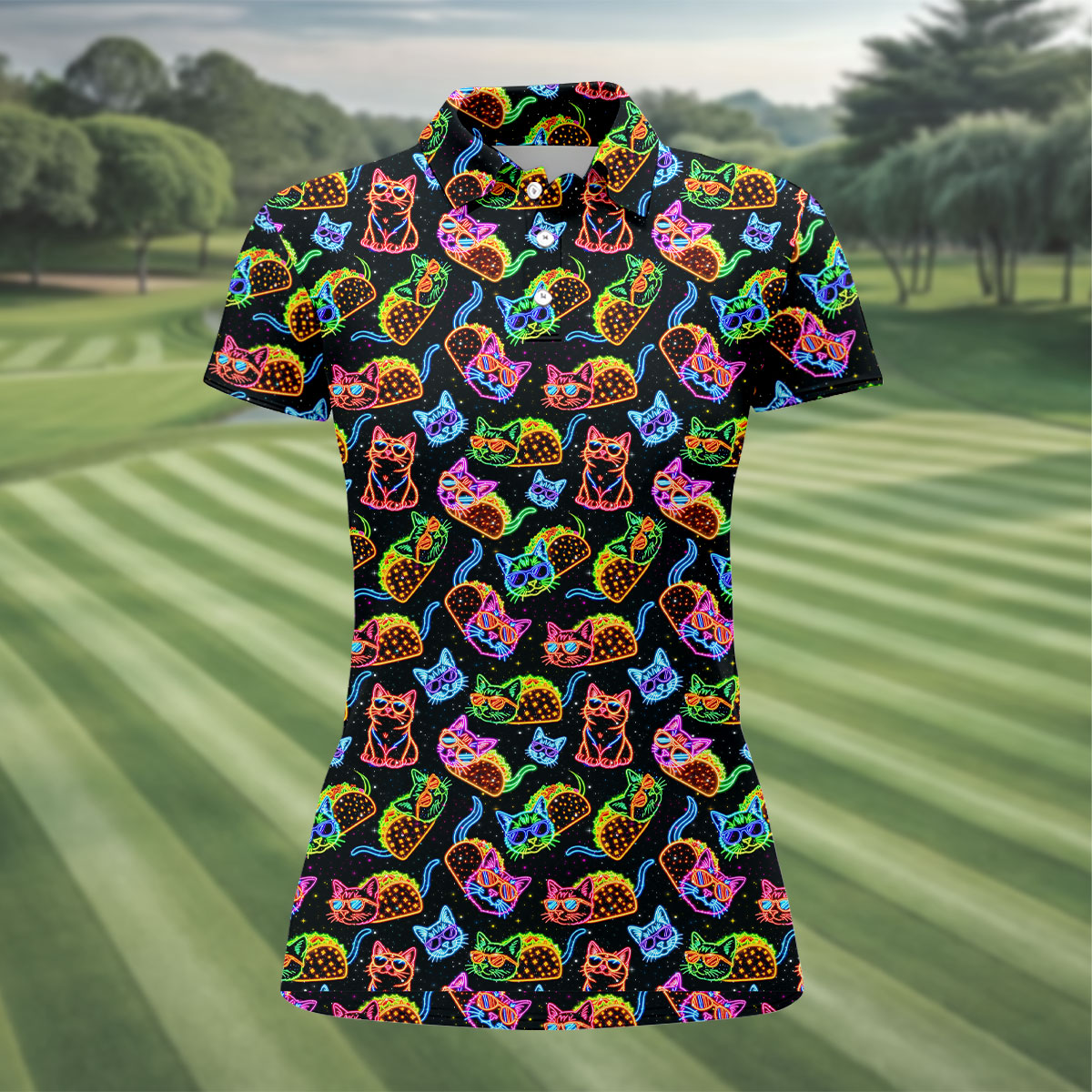 Neon Cats Tropical Vibe Women's Golf Tops, Cute Golf Outfit, Ladies Golf Shirts, Golf Shirt For Women
