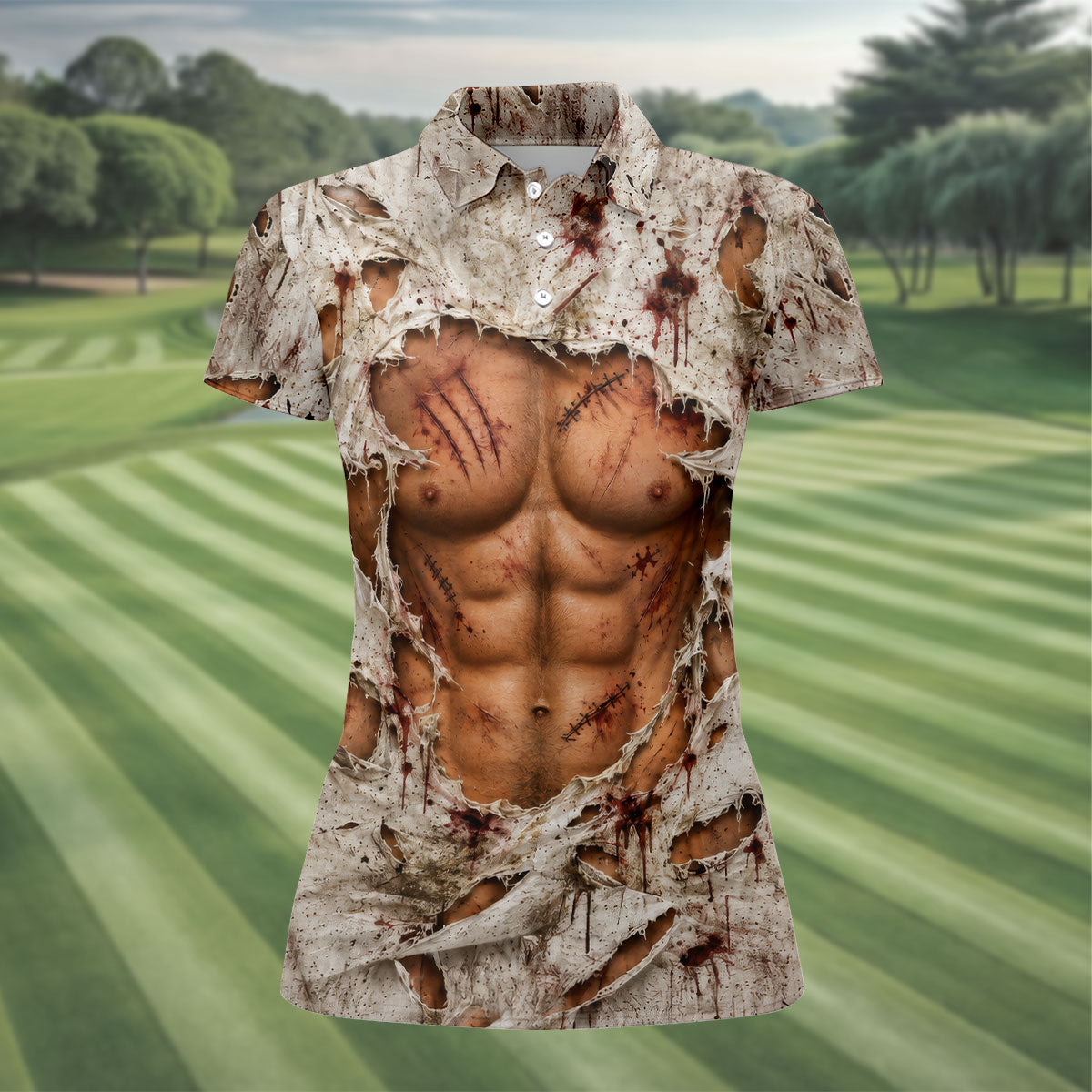 Torn Shirt Muscle Chest Illusion Halloween Polo Shirt, Ladies Golf Shirt, Womens Golf Tops