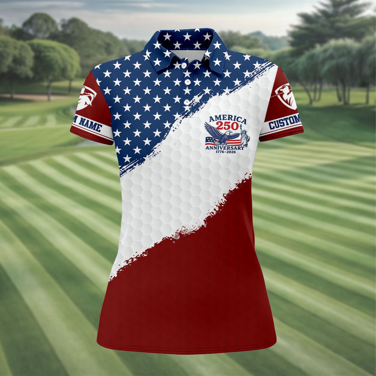 Red White Blue Splatter Paint Golf Ball Pattern 4th Of July Golf Shirt, 250th Anniversary Golf Shirt For Women