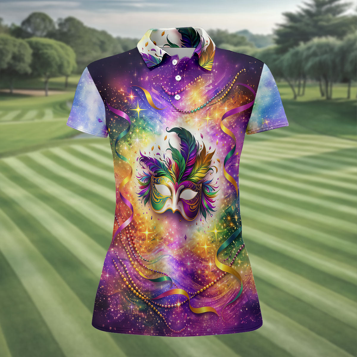 Carnival Mask Feather Print Purple Green Gold Dazzling Effect Mardi Gras Women's Golf Tops, Ladies Golf Shirts