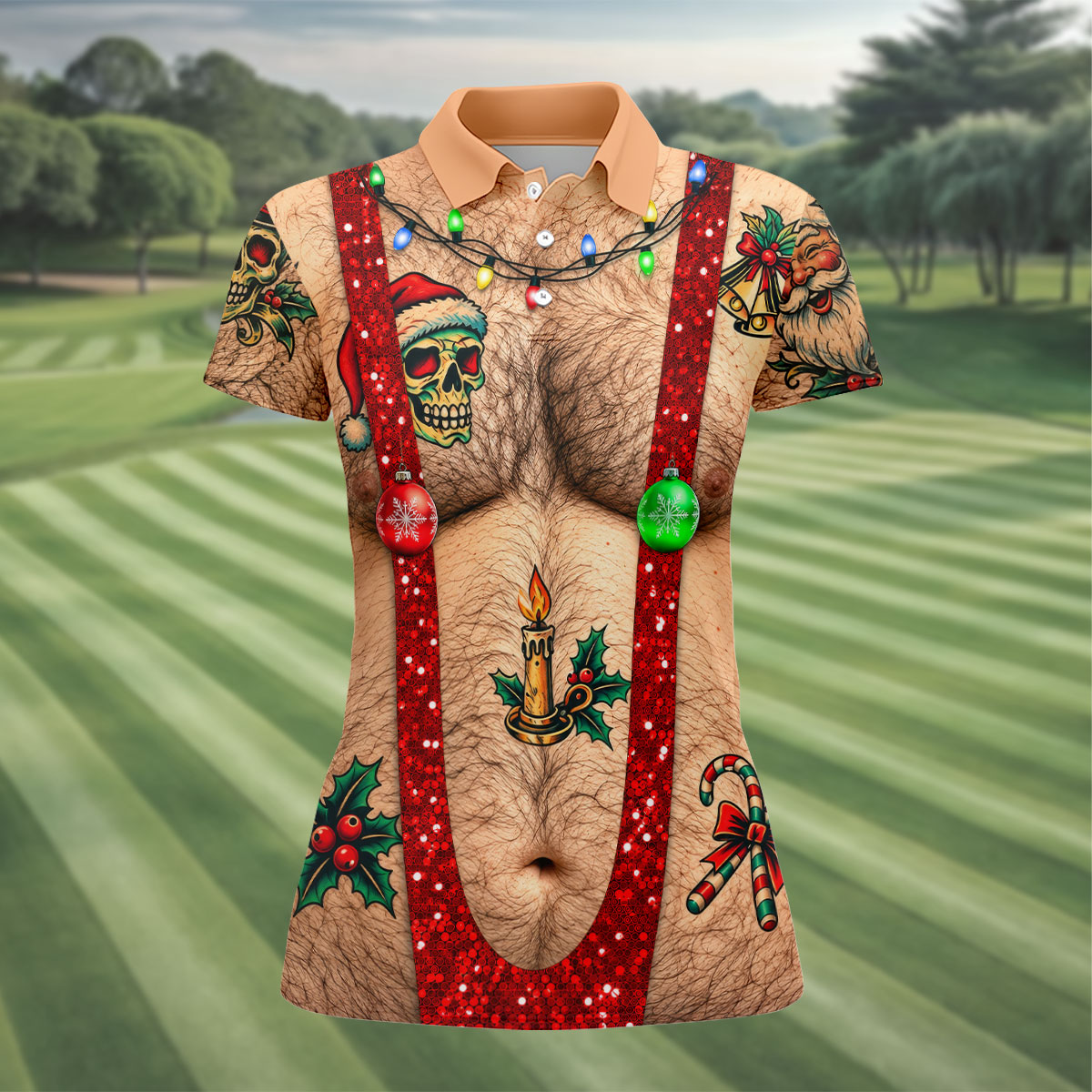 Santa Skull Hairy Chest Christmas Golf Shirt, Womens Golf Tops, Ladies Golf Shirts