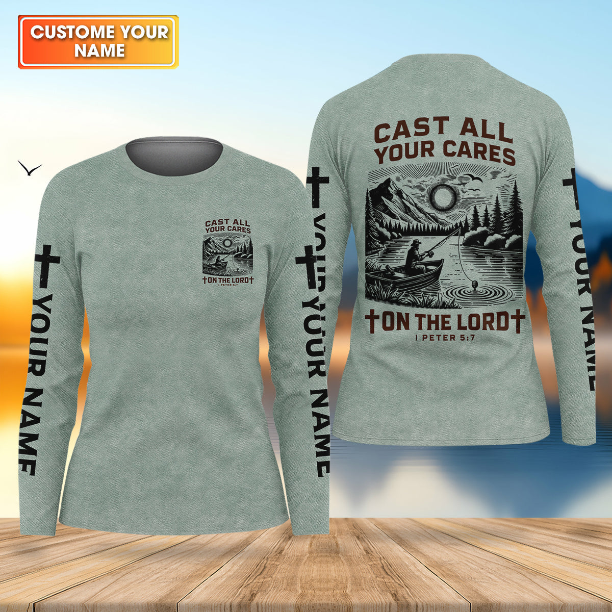 Cast All Your Cares On The Lord Faith Cross Fishing UPF Shirts, Christian Fishing Shirt For Women