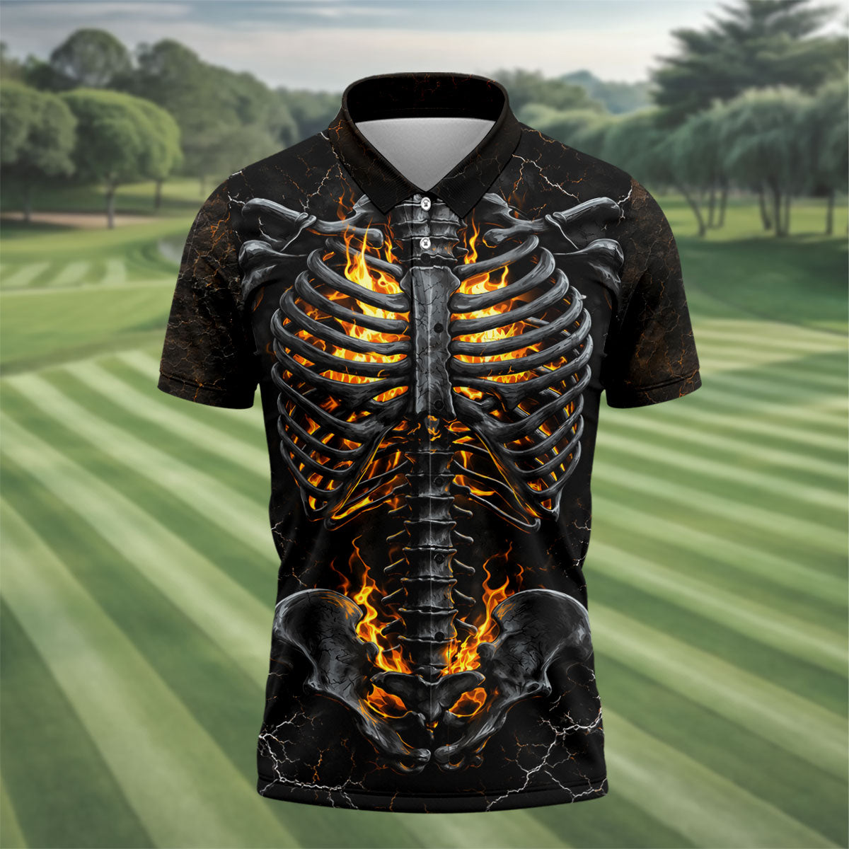 Burning Skeleton Rib Cage Halloween Polo Shirt, Mens Polo Shirts, Golf Apparel For Men