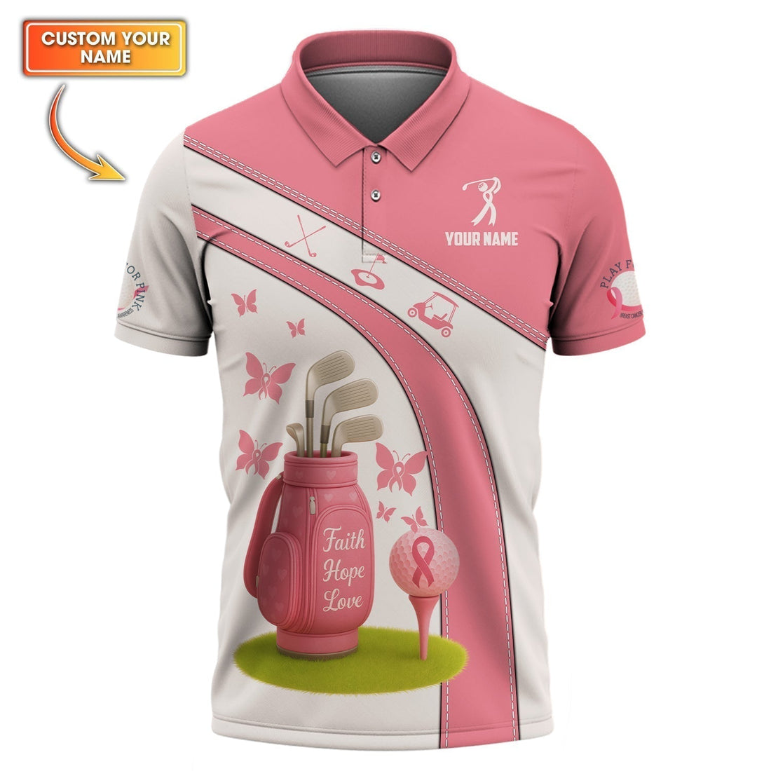 Personalized Breast Cancer Golf Shirt, Pink Golf Shirt, Golf Gift For Golfer, Custom Name Golf Shirt