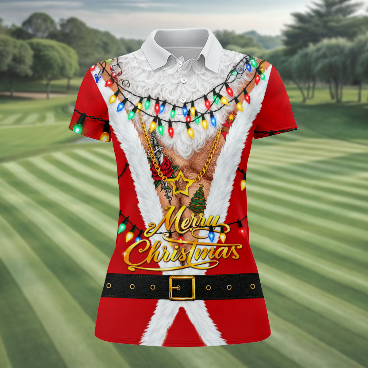 Merry Christmas Santa Lights Gold Chain Polo Shirt, Women’s Golf Polo, Golf Tops For Women