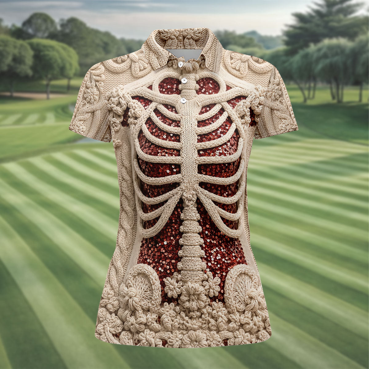 Knitted Skeleton Sequin Halloween Polo Shirt, Golf Shirts For Women, Womens Golf Tops
