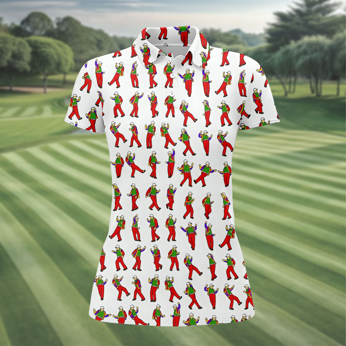 Colorful Dancing Character Pattern Polo Shirt, Printed Golf Shirt, Women’s Golf Apparel