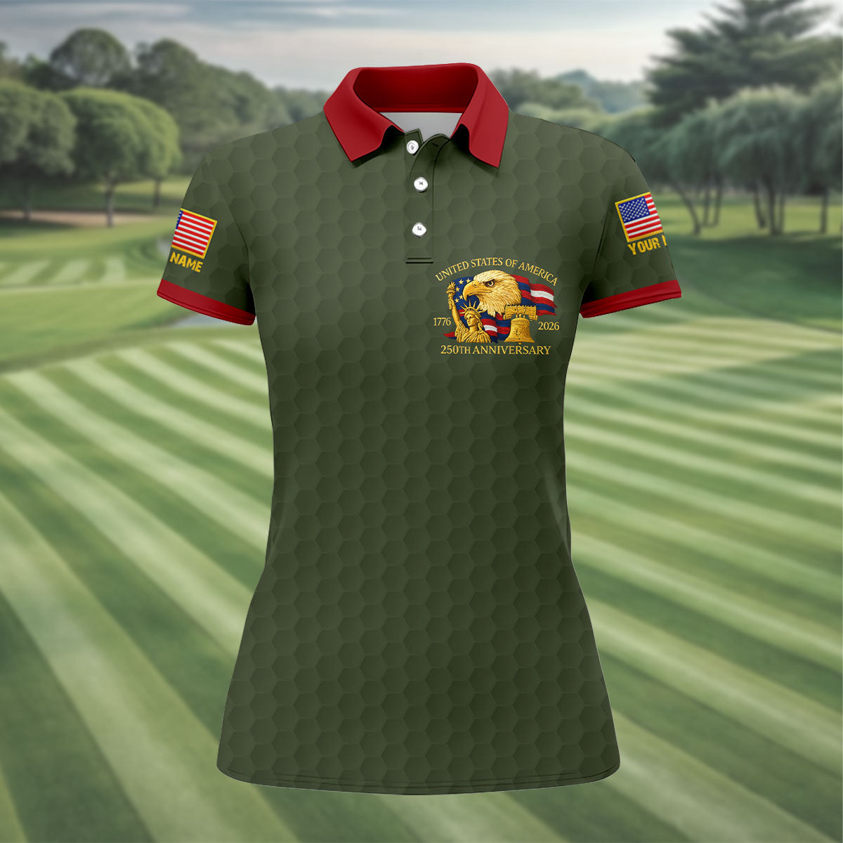 United States 250th Anniversary Patriotic Eagle Olive Custom Golf Shirts, 4th Of July Golf Shirt For Women