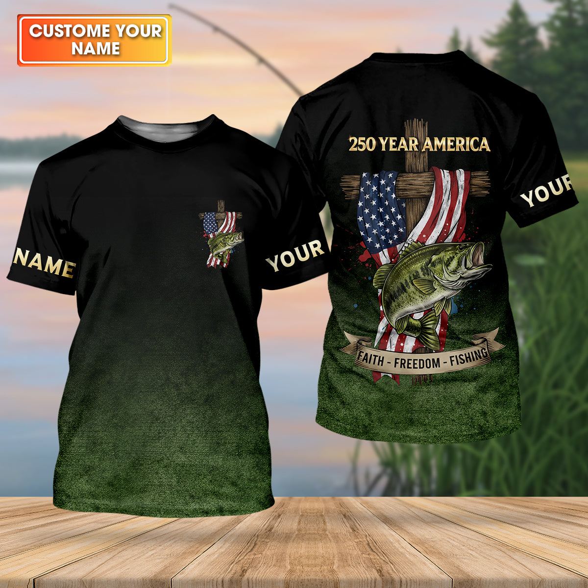 Faith Freedom Fishing Patriotic Fishing Shirt, Fishing UPF Shirts, 250th Anniversary Men's Fishing Shirt