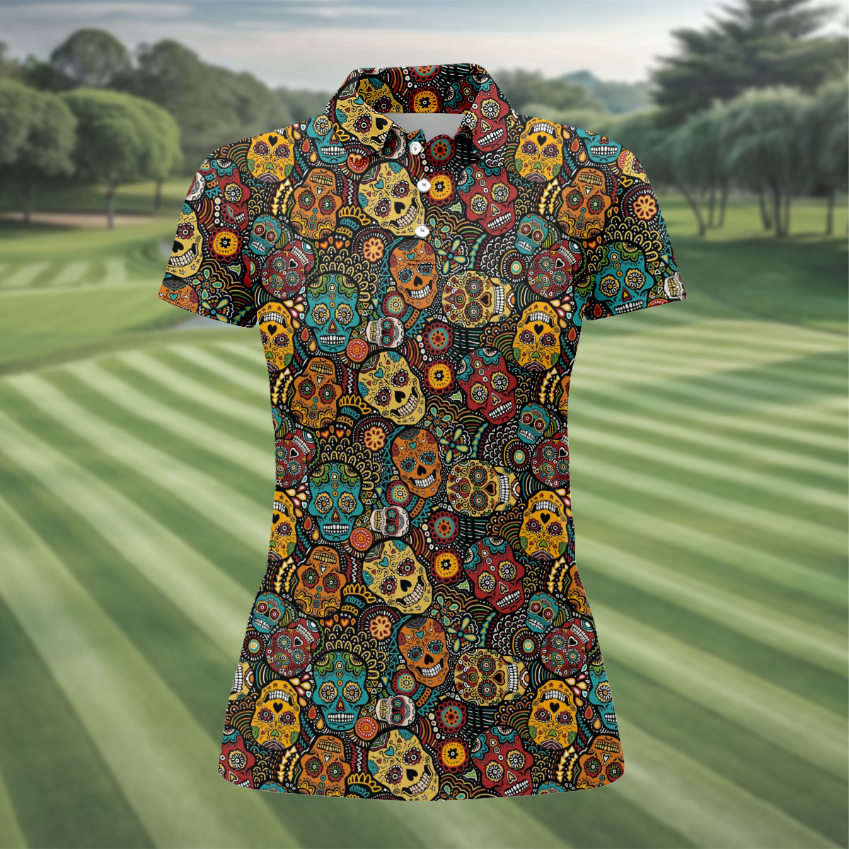 Colorful Sugar Skull Halloween Polo Shirt, Golf Shirts For Women, Women’s Golf Apparel