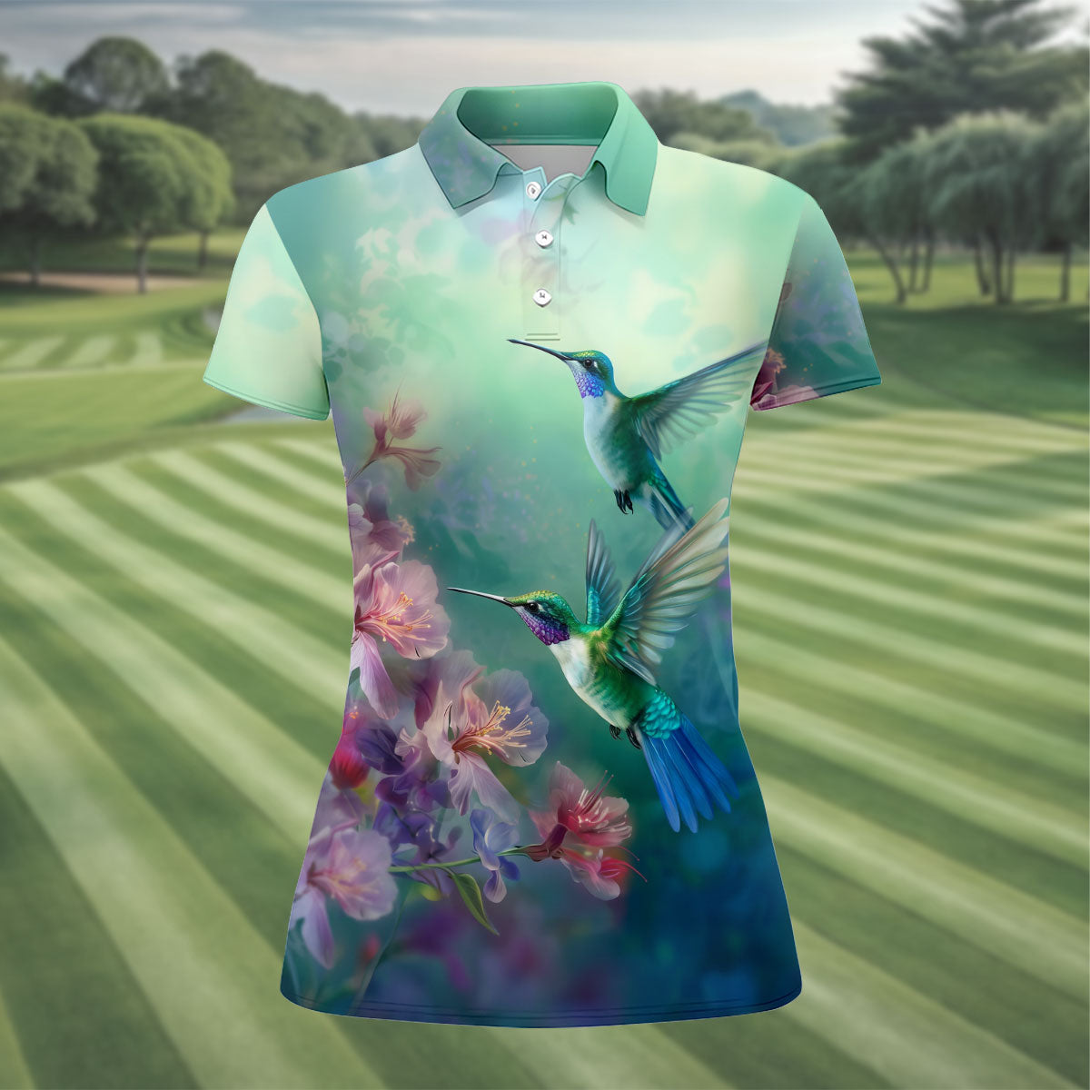 Hummingbird And Floral Garden Polo Shirt, Womens Golf Tops, Golf Shirts For Women