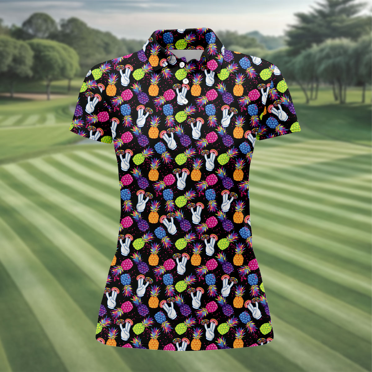 Hawaiian Pineapples Donut Finger Green Blue Pink Fun Women's Golf Shirts, Women's Golf Tops, Ladies Golf Shirts