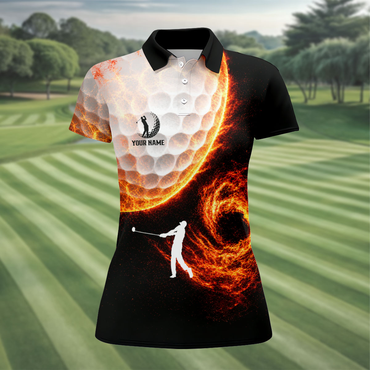 Custom Your Name Fire Golf Ball Polo Shirt, Golf Tops For Women, Women's Golf Apparel